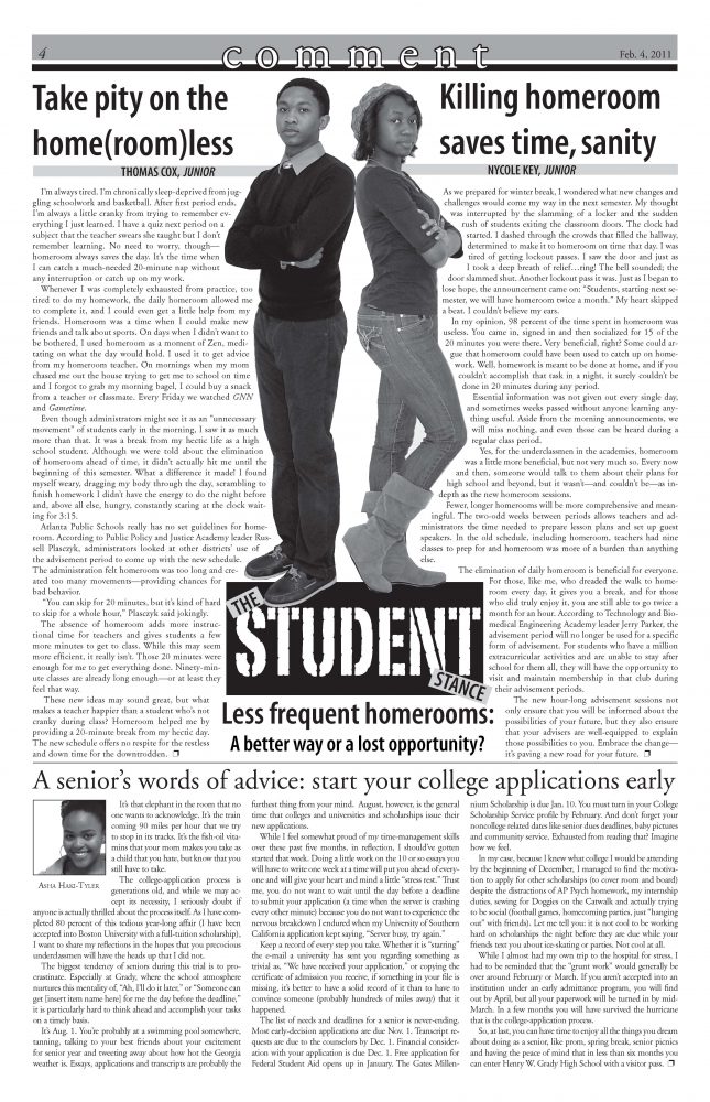 This comment page design from the Feb. 4, 2011 issue, featuring the Student Stance logo designed by editor Emma Powers, was featured in the National Scholastic Press Association design anthology, Best of the High School Press, Volume 17.