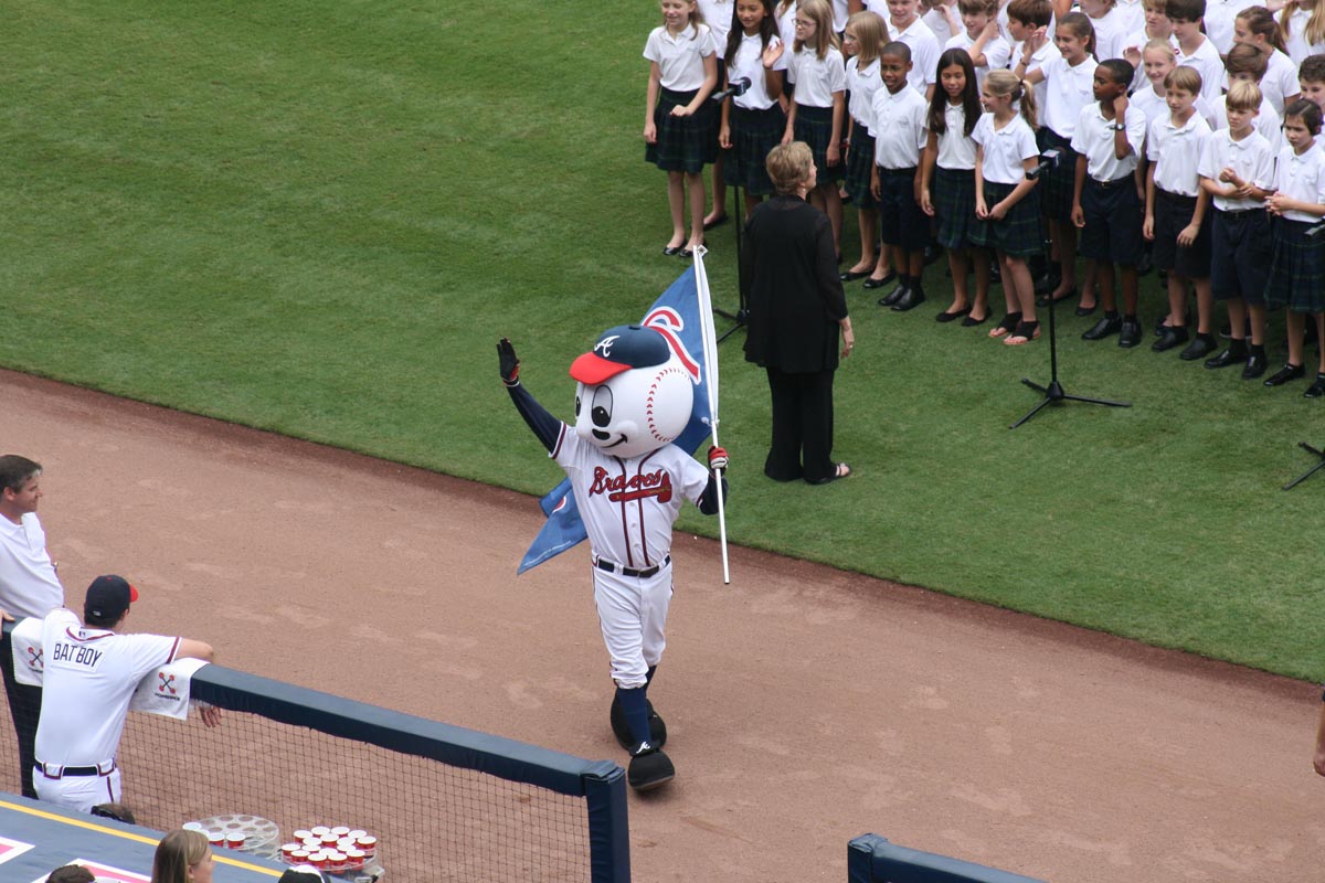 WHAT A HOMER -- Atlanta Braves mascot Homer parades around the field hyping up the crowd before the Atlanta Braves took the field against the Colorado Rockies on Monday at Turner Field. The Braves eventually defeated the Rockies 6-1 behind a 12-strikeout complete game from Kris Medlen, who struck out the final two hitters he faced (caption by Nyla Woods).