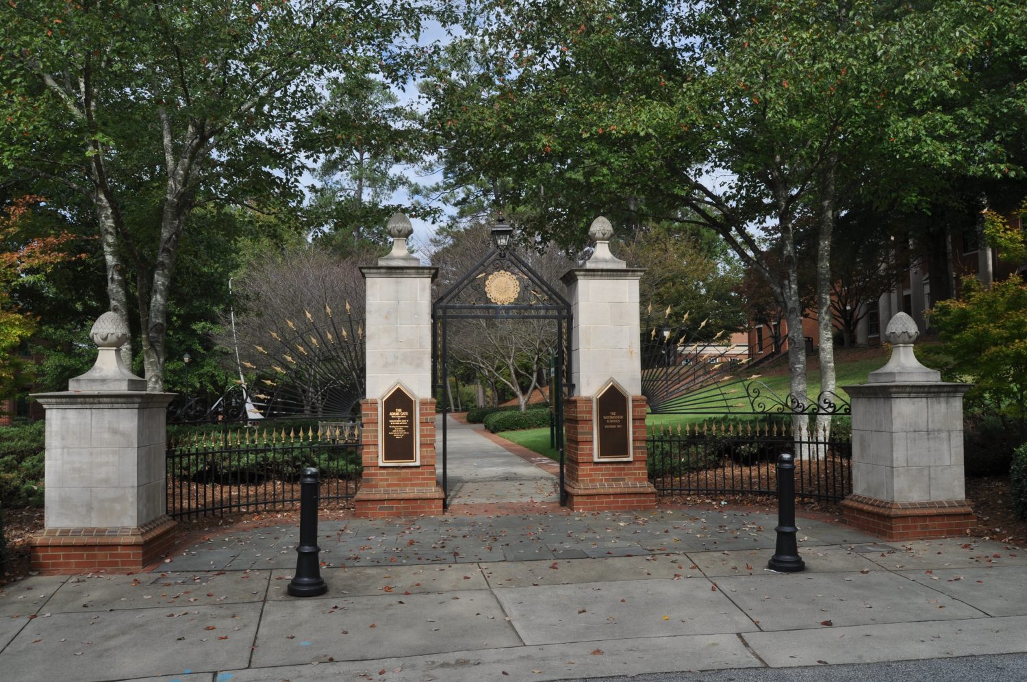 The Madeline D. Adams Gate, which features Westminsters seal, marks the entrance to Westminsters main pedestrian mall.