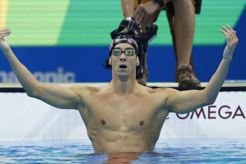 Phelps celebrates after winning gold in the 200m butterfly. This win was his 20th gold medal.