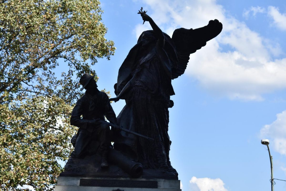 The Peace Monument, which features an angel standing above a Confederate solider guiding him to lay down his weapon. The monument is in Piedmont Park was defaced by protesters following 