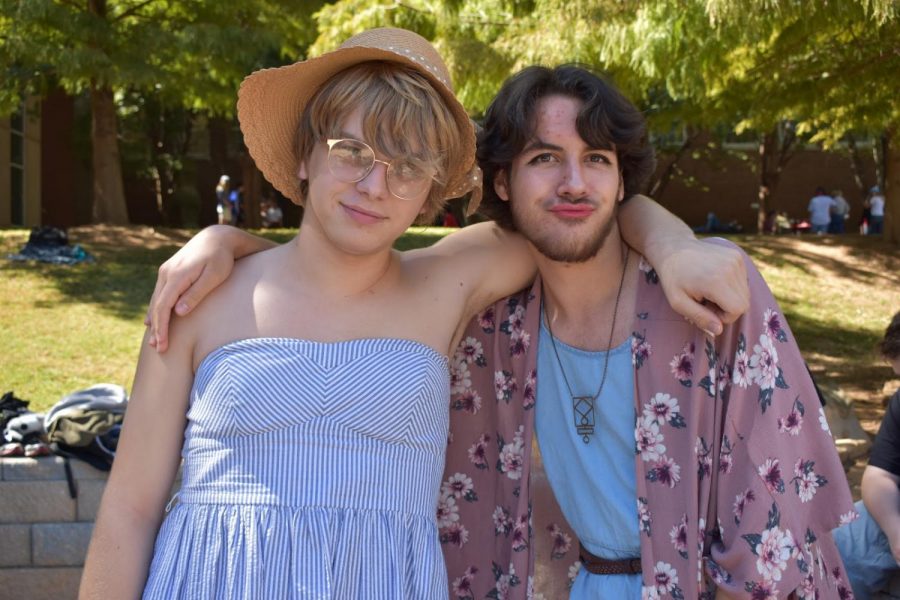 Juniors Michael Morey and Henry Sadler strike a pose for Gender Bender day on Wednesday Oct. 4. The duo gave the camera a duck lip face as the wind blew their dresses in a Marilyn Monroe fashion.