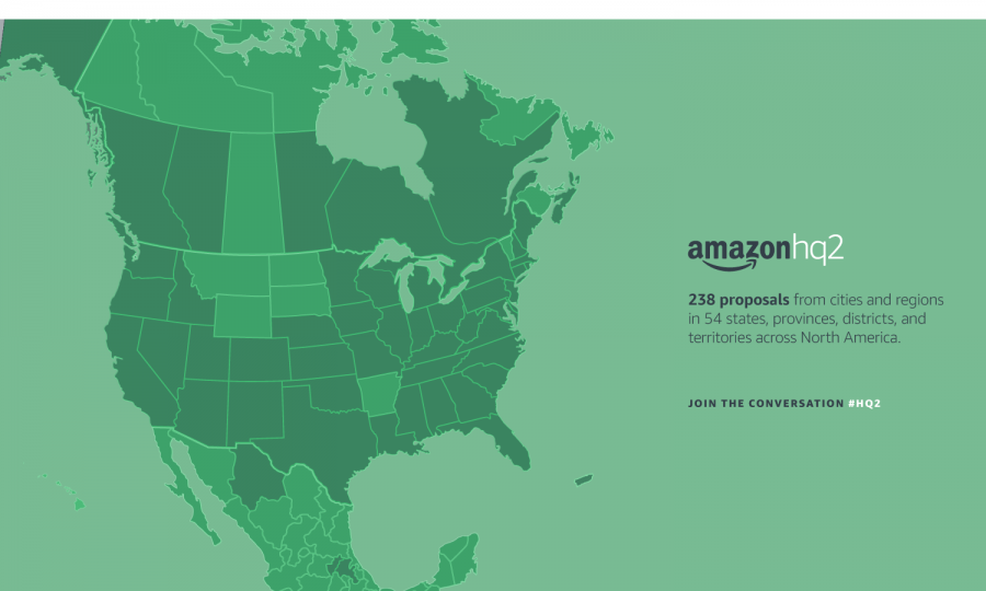HQ2 proposals(dark green) from 238 cities and regions across 54 states, provinces, districts, and territories across North America. (Image courtesy of Amazon.com)