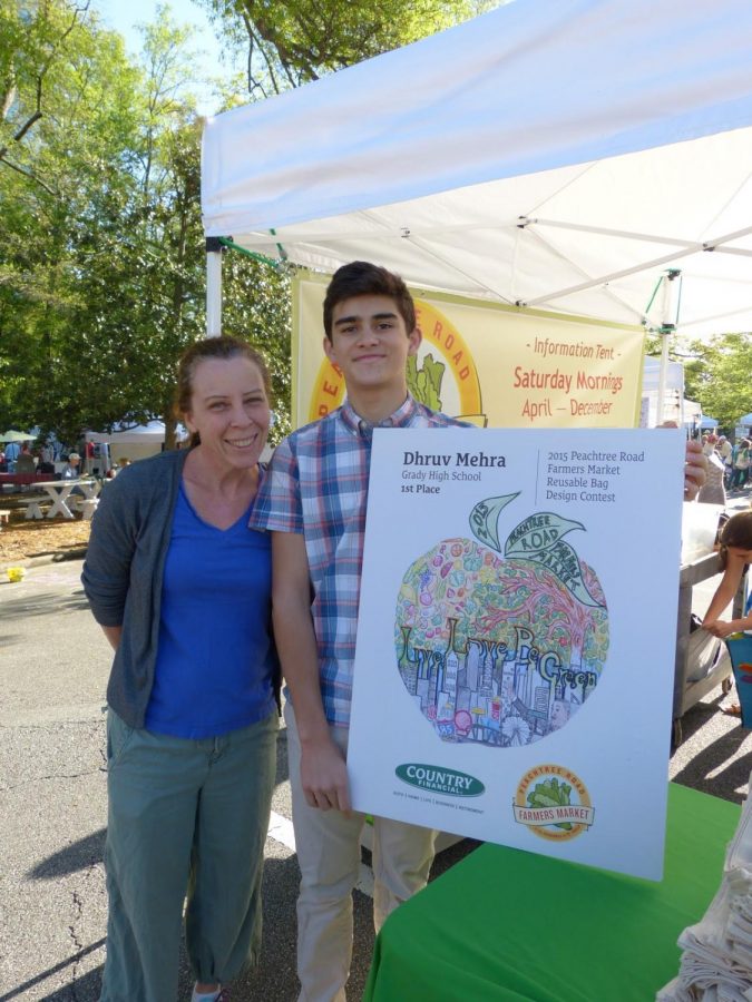 Dawn Wadsworth and Dhruv Mehra attend the first Peachtree Road Farmers Market of the 2014 season in early April. Mehra won first prize and a $1000 scholarship with his design that included images of the Atlanta skyline, the Capitol building, Dr. Martin Luther King Jr. and local produce.