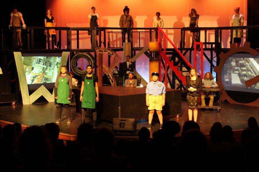 Senior+Dhruv+Mehra+leads+the+cast+in+singing+Something+to+Point+to+as+iron+worker+Mike+Dillard.+Working+is+the+last+Grady+musical+hat+Mehra+and+other+seniors+will+perform+in.