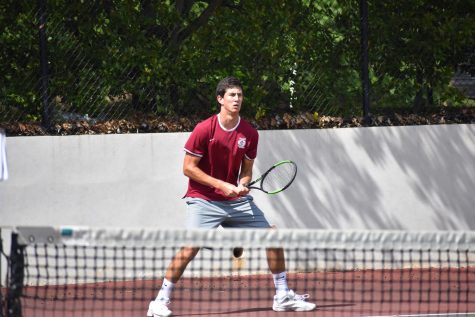 FIGHTING UNTIL THE END: Josh Wolfe stands ready to return serve against Flowery Branch. The Grady boys  failed to reach the Elite Eight this season.  
