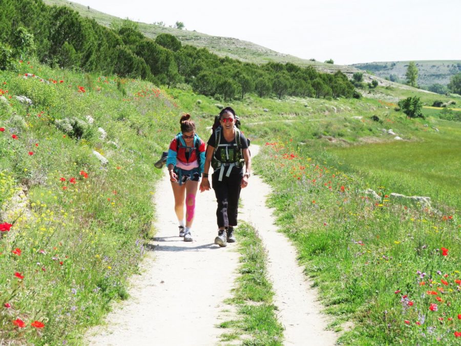BACKPACKING BUDDIES: Erin Sweeney and her mother, Mary, hike through the Spanish meseta outside of  Burgos, Spain toward town.