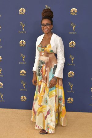 Science fiction writer Nnedi Okorafor  wears dress designed by Grady fashion teacher Valerie Williams at the Emmy Awards on Sept. 17.