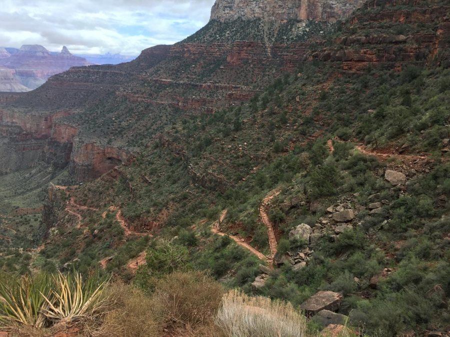 The South Kaibab trail on the South Rim of the Grand Canyon. The trail merges with the Bright Angel trail to go down to the Colorado River. 