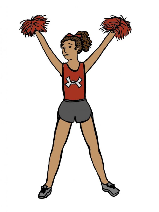 Satirical depiction of a Grady cheerleader in an Under Armour cheer uniform.