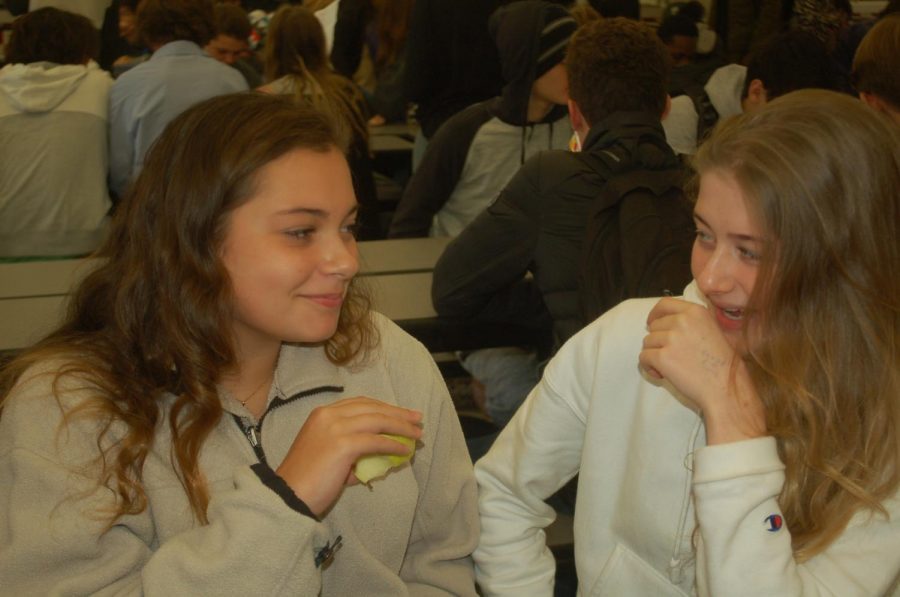 Sophomores Lindsey Snyder and Carson Gray giggle over small talk at lunch. 