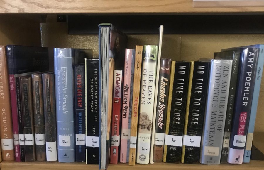 A shelf of biographies in the Grady media center.