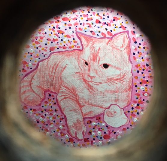 MEOW: Senior Assata Norment’s piece “Let’s Go Meow!” uses a pink skyscape in the background and soft colors. It is inspired by artist Shanna Van Maurik’s work and was in the second rotation of pieces displayed in the exhibit.
