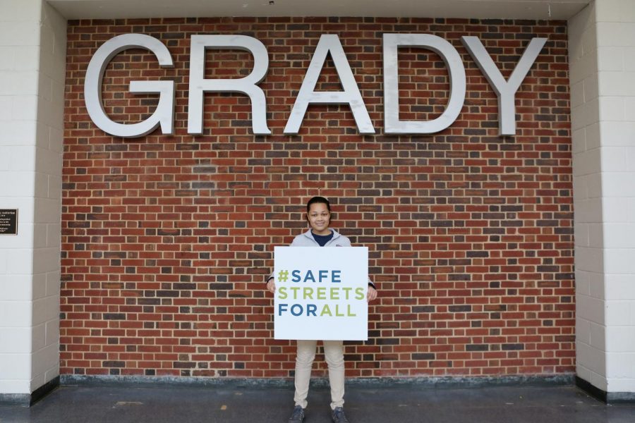 Founder of the Grady Pedestrian Safety Coalition Bria Brown advocates for #SafeStreetsForAll, an Atlanta Bike Coalition campaign, following a press conference in the Vincent Murray Auditorium on Feb. 12.