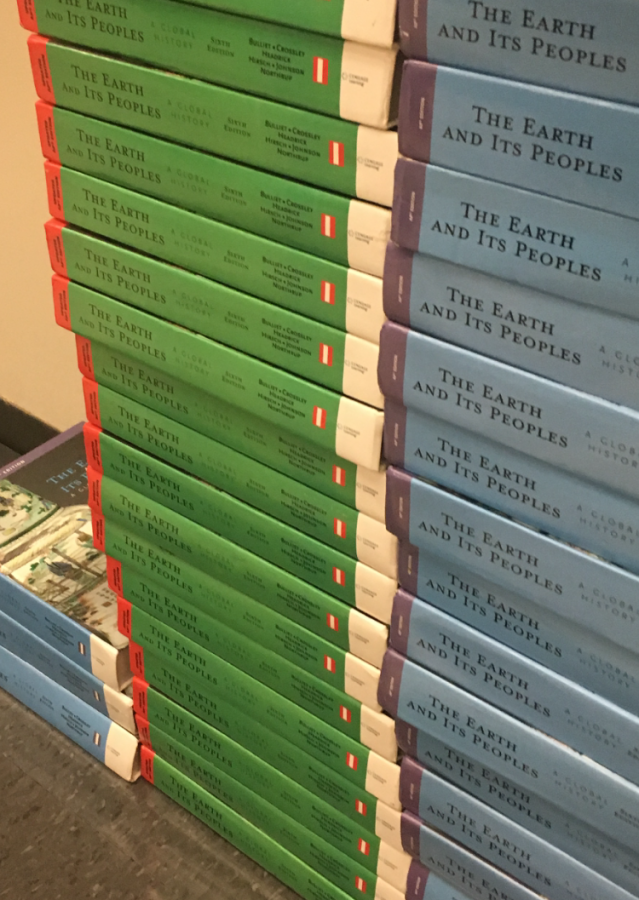Stacks of AP World History textbooks sit in the AP World History classrooms. They are not updated, and classes will use them starting at page 300. 