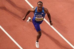 Christian Coleman celebrates as he finishes his 100m race at the IAAF World Championships in Doha, Qatar on Sept. 28, where he won. His world leading time of 9.76 seconds in the 100m makes him the third fastest American man of all time.