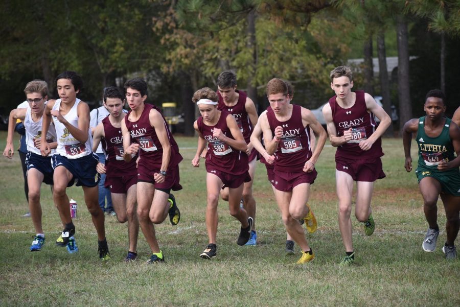 Sophomore Everett Schroeder, junior Brody Dowling, and seniors Bram Mansbach, Kavi Jakes, Elias Podber, Jack Palaian, and Luke Langan start the Region 6-AAAAA Cross Country championsip. The boys finished 2nd.