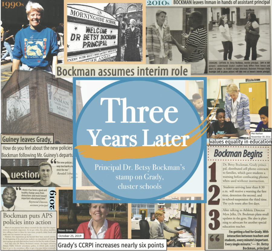 SCRAPBOOK: Above clippings and photographs from the Southerner’s archives and Principal Dr. Betsy Bockman’s records illustrate her impact on Atlanta Public Schools at Morningside Elementary, Inman Middle and Grady High. 2019 marks her third year at Grady.  
