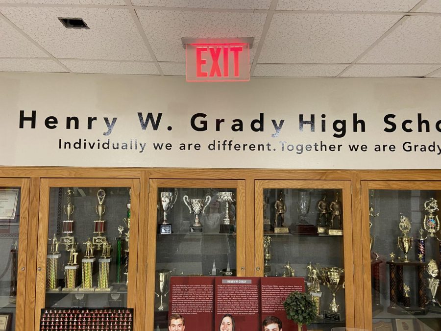 Henry W Grady High School is written on the wall of the lobby of Grady High School. At this phase in the name changing process, the Grady community is currently in the middle of deliberations over what name should be recommended to the Board for consideration. 