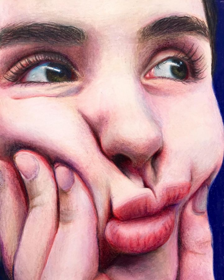 Bakers submission to the AHSAE, titled Candy, is a hyper-realistic self portrait in Prismacolor pencils. I used a lot of pinks,purples, and blues in the shading in my sin, and the glossy sugar-coated look reminded me of vintage candy stores, Baker said. 