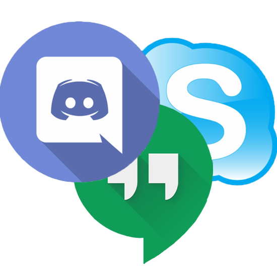 Icons of the main 3 online chat services. Discord, Google Hangouts, and Skype