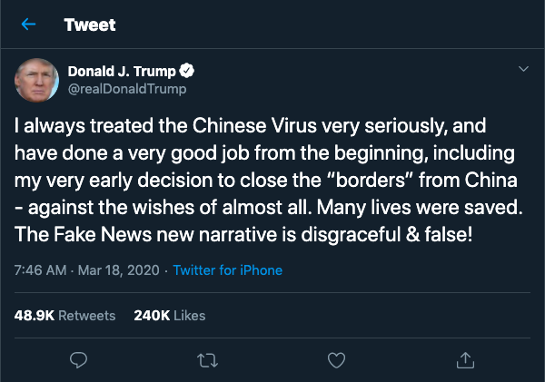 A March 18 tweet by President Donald Trump called the coronavirus the Chinese Virus, a name groups like Amnesty International consider problematic. 