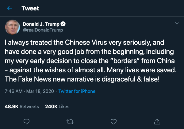 A March 18 tweet by President Donald Trump called the coronavirus the "Chinese Virus", a name groups like Amnesty International consider problematic. 