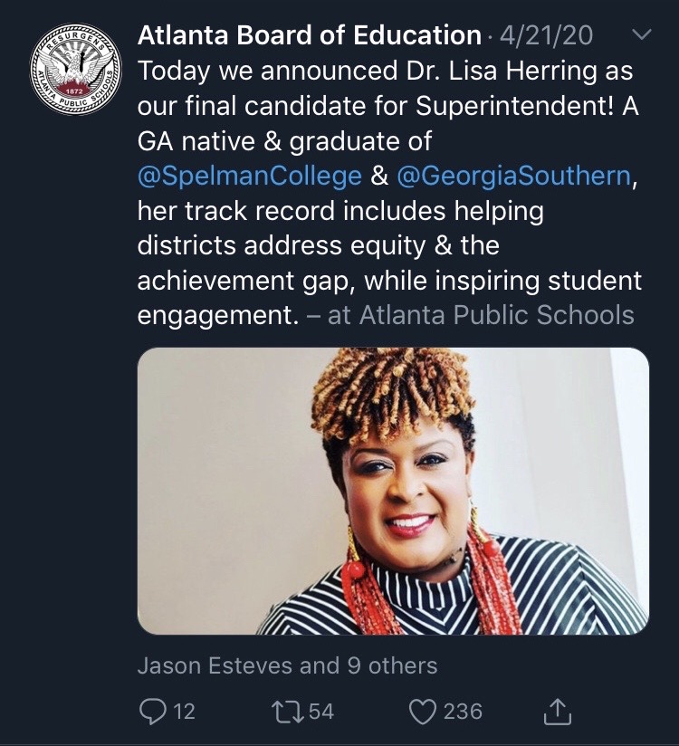 The tweet from the Atlanta Board of Education announcing the sole finalist for superintendent.