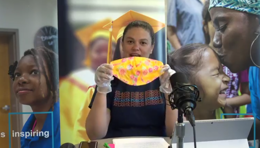 MADE WITH LOVE: During the virtual town hall, Atlanta Public Schools superintendent Dr. Meria Carstarphen held up a mask her mother sewed and encouraged others to sew masks. 
