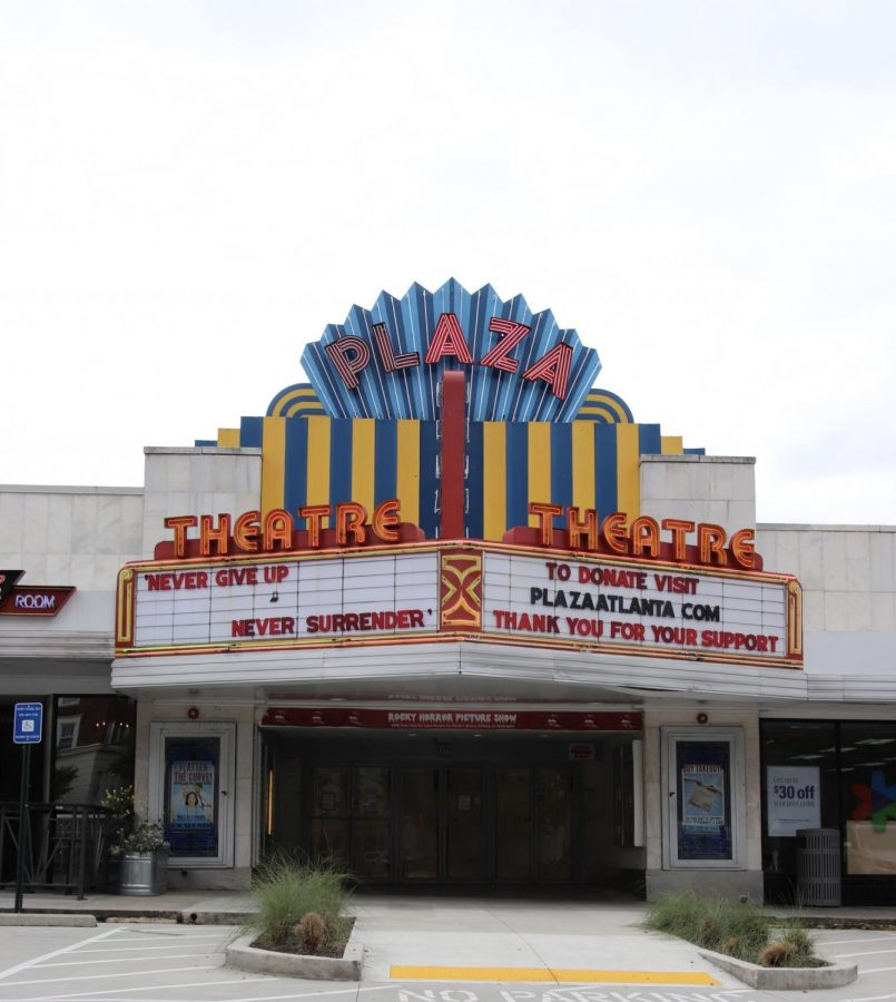 The Plaza Theatre, located in the Briarcliff Plaza Shopping Center, displays encouraging message, Never give Up, Never Surrender. They also display the link for donations to help the theatre re-open. The Plaza Theatre is one of Atlantas oldest cinemas but had to close due to the states COVID-19 mandate. 