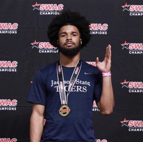 Jackson State University junior Christian McNair-Jones poses after finishing first in the 60 meter hurdles at the 2020 Southwestern Athletic Conference Indoor Track and Field Championships.