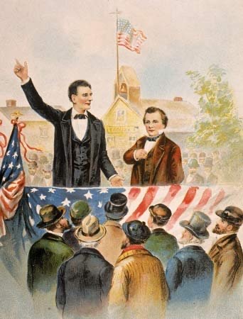 President Abraham Lincoln (left) and Senator Stephen Douglas (right) are illustrated in a depiction of the 1858 Lincoln-Douglas debates.  The debates were highly publicized and are regarded as one of the greatest American political debates.