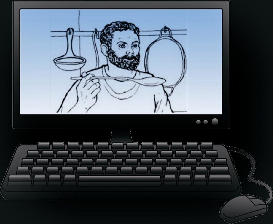 A picture of Grumio, a popular character from the Cambridge Latin textbooks, is shown on a computer screen. (credits for Grumios image go to the Cambridge Latin Course textbook series).