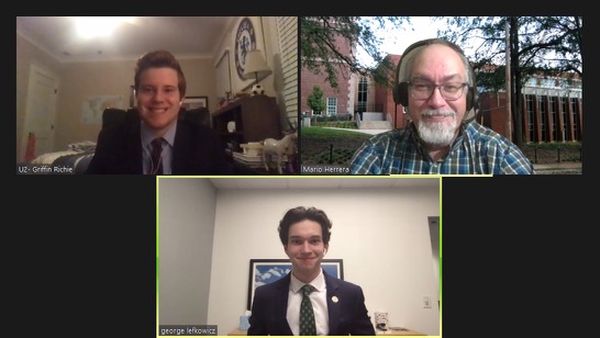 Seniors Griffin Richie (top left) and George Lefkowicz (bottom center) heard about the China Chengdu-U.S. Sister Cities Youth Debate Challenge from Grady Jesters debate coach Mario Herrera (top right). Richie and Lefkowicz represented one out of 14 teams from the United States. The pair made it to the quarterfinals and placed fifth. 