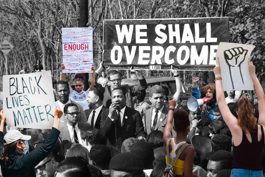 Like in the Civil Rights movement of the 1960s, this summer protesters took to the streets to protest police brutality and racial injustices. However this time they marched under the flag of Black Lives Matter, instead of at the helms of Dr. Martin Luther King Junior (center). (Original image courtesy of public domain). 