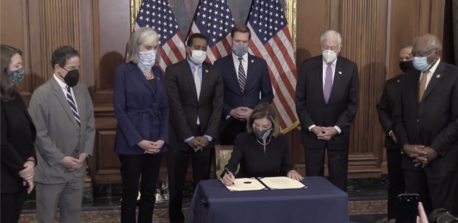 Speaker of the House Nancy Pelosi signs the Articles of Impeachment against President Donald Trump after its passage in the House of Representatives on Jan. 13, 2021. The President was impeached for the second time during his first and only term for inciting an insurrection of the US Capitol on Jan. 6, 2021.