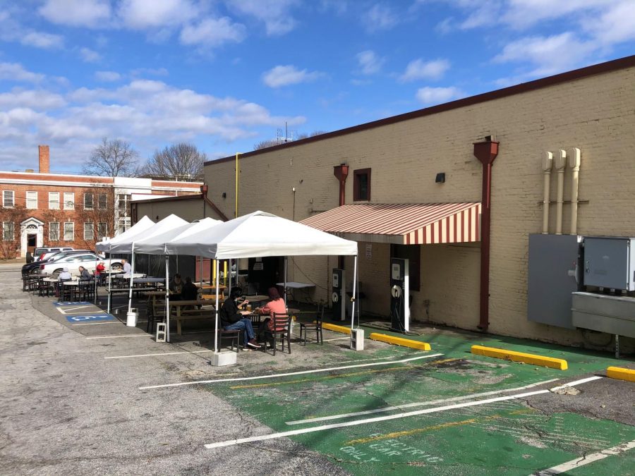 After customers started to seat themselves when Manuels was only doing take out, the staff decided to set up numerous tents and tables for socially distanced outdoor seating. This area is located behind the restaurant in the back parking lot.