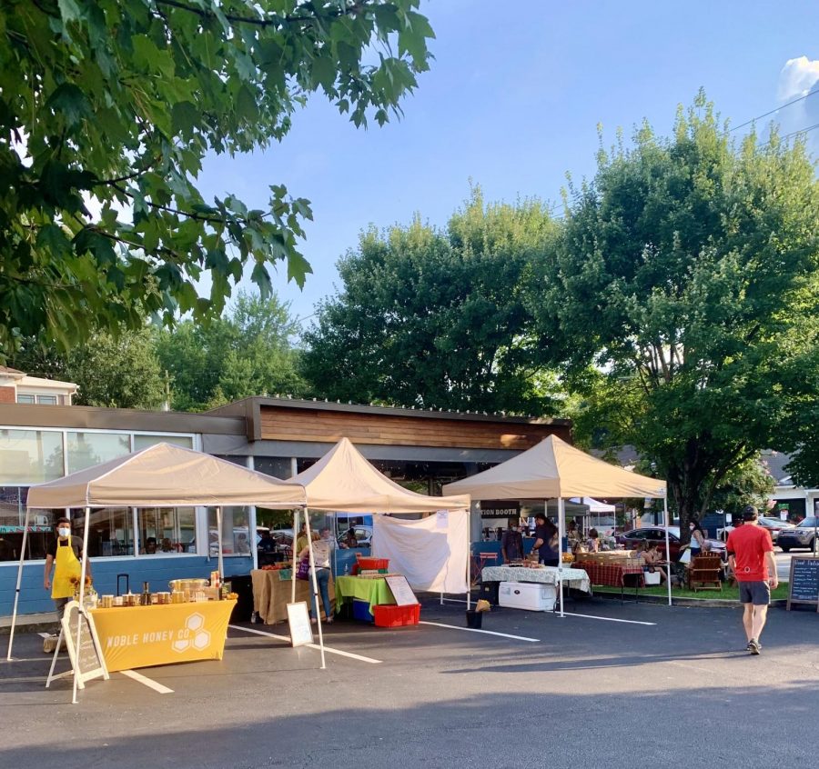 Booths lined up at the Virginia Highland Farmers Market on August 12th. The lineup of vendors change every week depending on popularity and season.