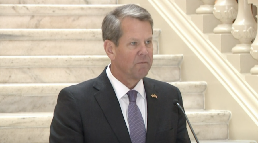 Georgia+Governor+Brian+Kemp+announces+an+executive+order+that+allowed+businesses+to+choose+whether+to+follow+local+Covid-19+guidelines+during+an+11Alive+news+broadcast.+