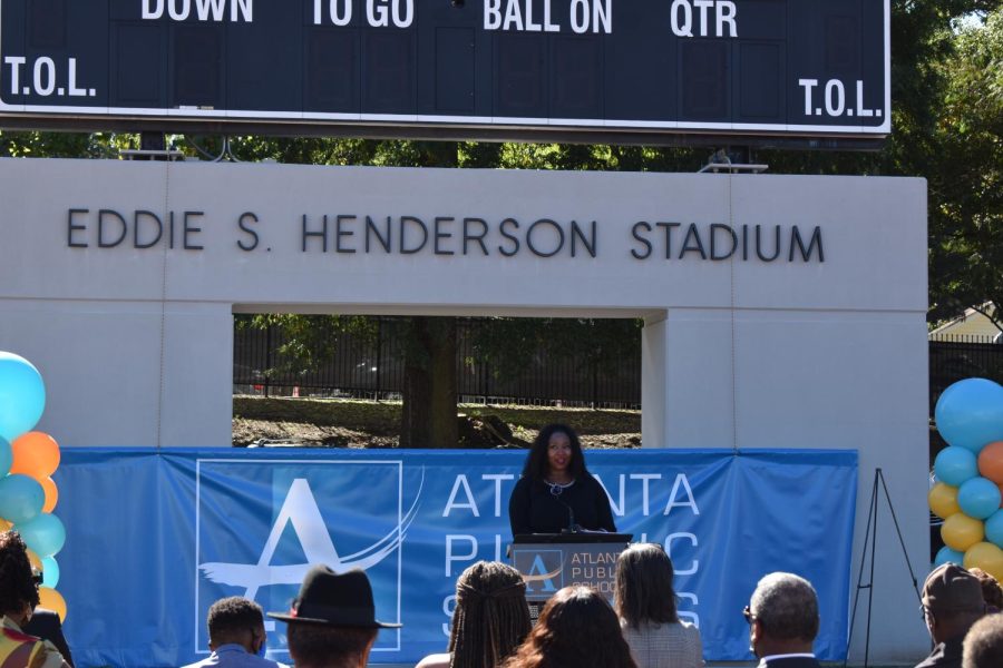 Eddie S. Hendersons daughter, Tonya Henderson Freeman, honors her dads legacy with closing remarks for the ceremony. Freeman and her brother both gave speeches on behalf of the family. 