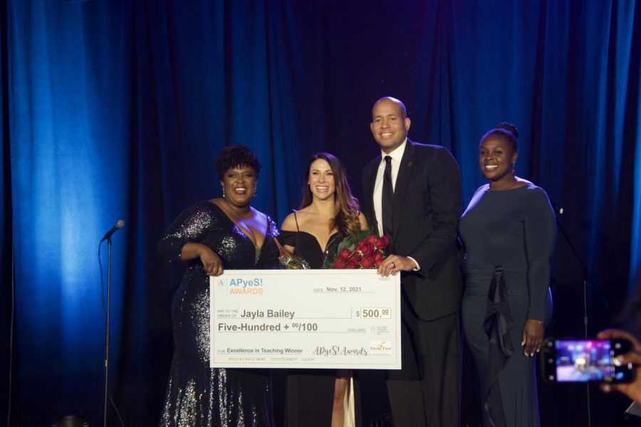 Teacher of the Year Jayla Bailey stands with Superintendent Dr.Lisa Herring and Atlanta Board of Education members Jason Esteves and Eshe Collins. Bailey is an eighth grade math teacher at Sylvan Hills Middle School. “Being an educator is everything I’ve ever wanted to do,