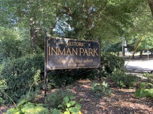The famous ‘Welcome to Inman Park’ sign greets people as they enter the neighborhood. The signage is located at multiple locations throughout the Inman Park. 