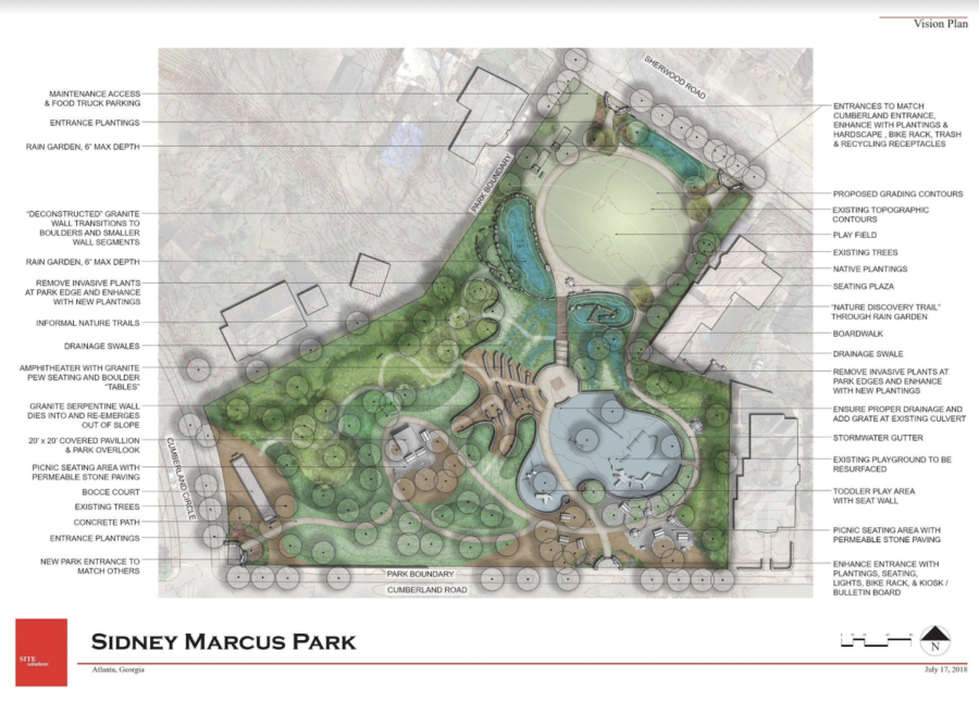 The rendering displays the current plans for the renovation of Sidney Marcus Park. 