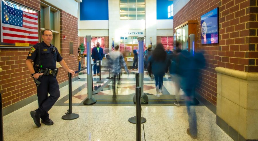 Evolv Technology body scanners function in the Spartanburg, South Carolina School District 6. The body scanners have led to the district being able to complete an average bag check in less than 20 seconds and sustain detection without security queues.