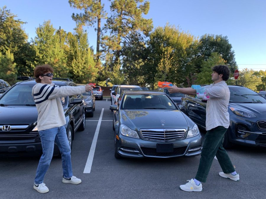Seniors Spencer Lieberman and Ike Edlein face each other with their water guns. Lieberman has eliminated seven players so far. Edlein, who refers to himself as the King Slayer eliminated senior Will Hunter. 