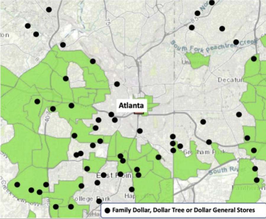 The relationship between low-income neighborhoods and the presence of dollar stores is displayed above, with bright green representing low-income neighborhoods, and the black dots each representing one dollar store.