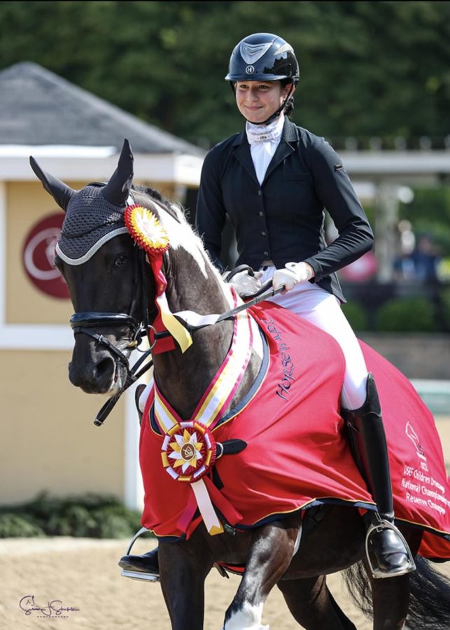 Freshman Virginia Woodcock and her horse The Safari Party during the 2022 dressage national championships.  