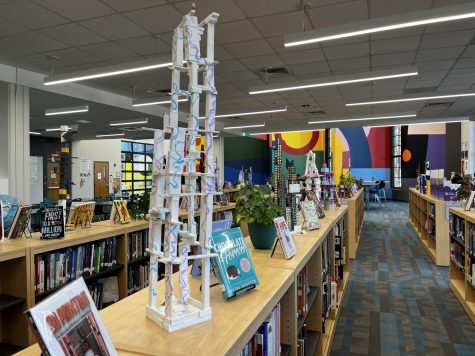 A sculpture built by sophomores Thalia Smith and Valentina Pirrone is displayed in the media center.