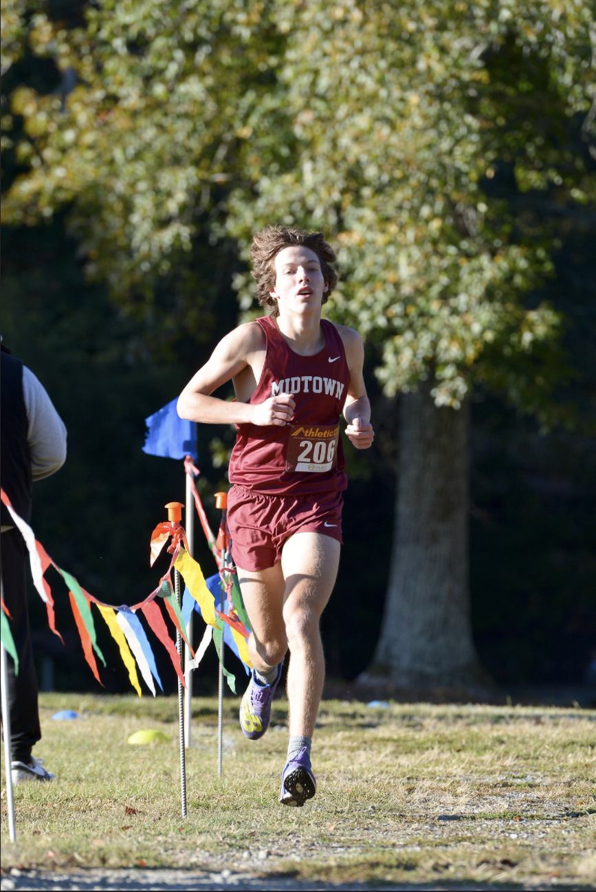 Sophomore Isaac Marlowe competes at the Region 5-AAAAA Championship. Marlowe led the team, placing ninth with a time of 17:47. The Knights placed third. Marlowe also led the Knights at the 5A State Championship; the team placed 25th.