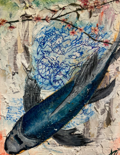 Not only does Zegarra-Amoroso practice photography, she also dapples in other mixed mediums. In this piece, she used plaster, acrylic, watercolor, pen, lined paper and newspaper on wood. 